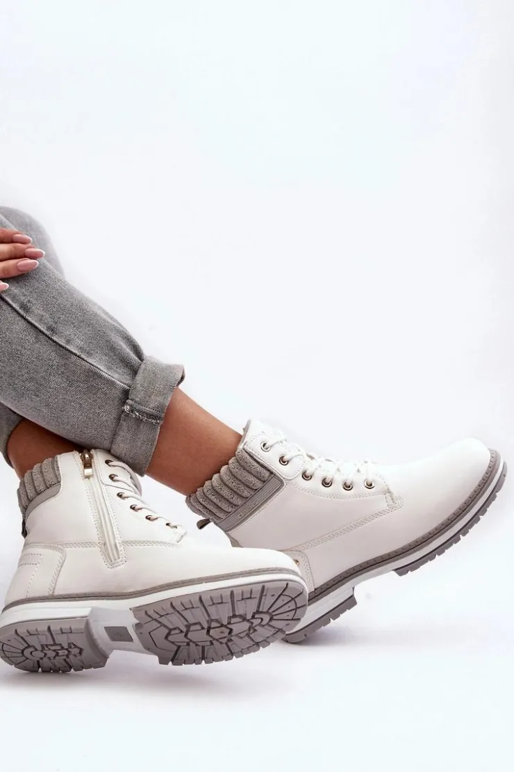 Evento Damskie Trapery|Botki Sznurowane*Damskie Skórzane Trapery Ocieplane Białe Katalis