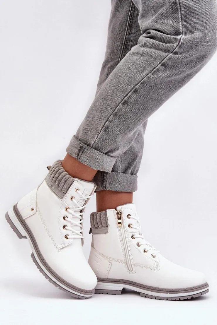 Evento Damskie Trapery|Botki Sznurowane*Damskie Skórzane Trapery Ocieplane Białe Katalis
