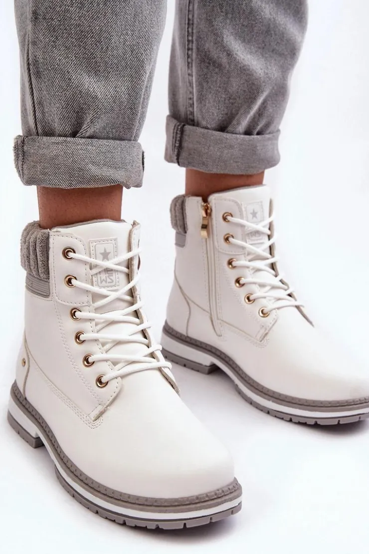 Evento Damskie Trapery|Botki Sznurowane*Damskie Skórzane Trapery Ocieplane Białe Katalis