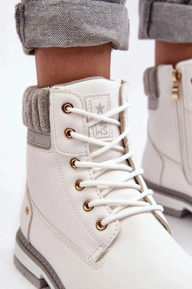 Evento Damskie Trapery|Botki Sznurowane*Damskie Skórzane Trapery Ocieplane Białe Katalis