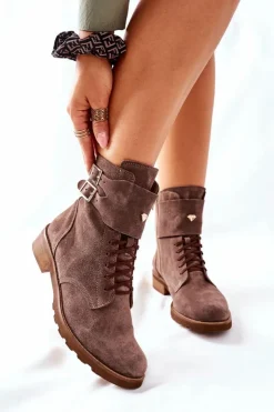 Boto Damskie Skórzane Welurowe Botki Nicole 2682 Brązowe