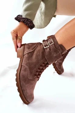 Boto Damskie Skórzane Welurowe Botki Nicole 2682 Brązowe