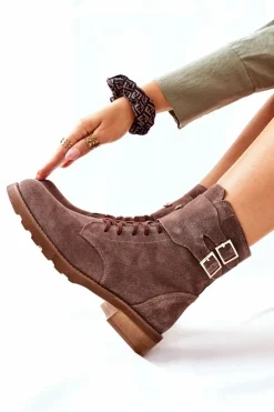 Boto Damskie Skórzane Welurowe Botki Nicole 2682 Brązowe