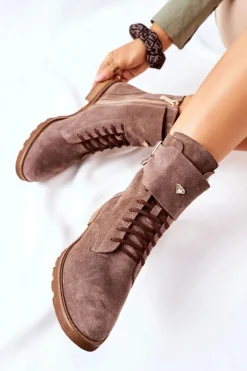 Boto Damskie Skórzane Welurowe Botki Nicole 2682 Brązowe