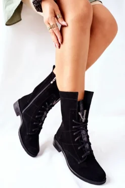 Best Boto Damskie Skórzane Welurowe Botki Trzewiki Nicole Czarne 2581/028