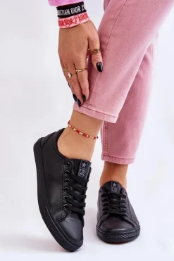 Damskie Evento Damskie Skórzane Wiązane Klasyczne Trampki Czarne Misima