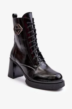 Boto Botki Sznurowane|Czarne Botki*Damskie Skórzane Wysokie Botki Na Słupku Czarne Lemar Danel