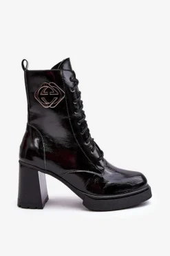 Boto Botki Sznurowane|Czarne Botki*Damskie Skórzane Wysokie Botki Na Słupku Czarne Lemar Danel