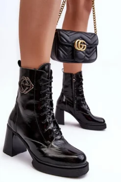 Boto Botki Sznurowane|Czarne Botki*Damskie Skórzane Wysokie Botki Na Słupku Czarne Lemar Danel