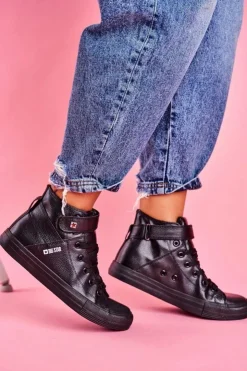 Clearance Big Star Shoes Damskie Skórzane Wysokie Trampki BIG STAR V274542 Czarne