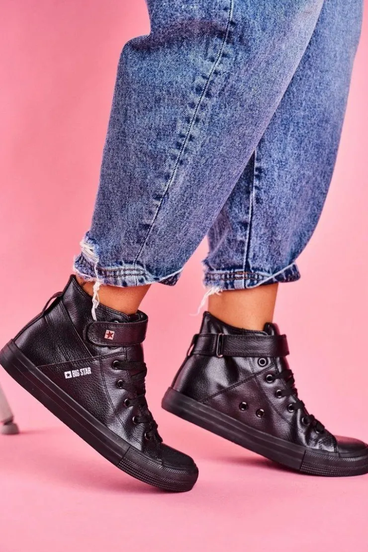 Clearance Big Star Shoes Damskie Skórzane Wysokie Trampki BIG STAR V274542 Czarne