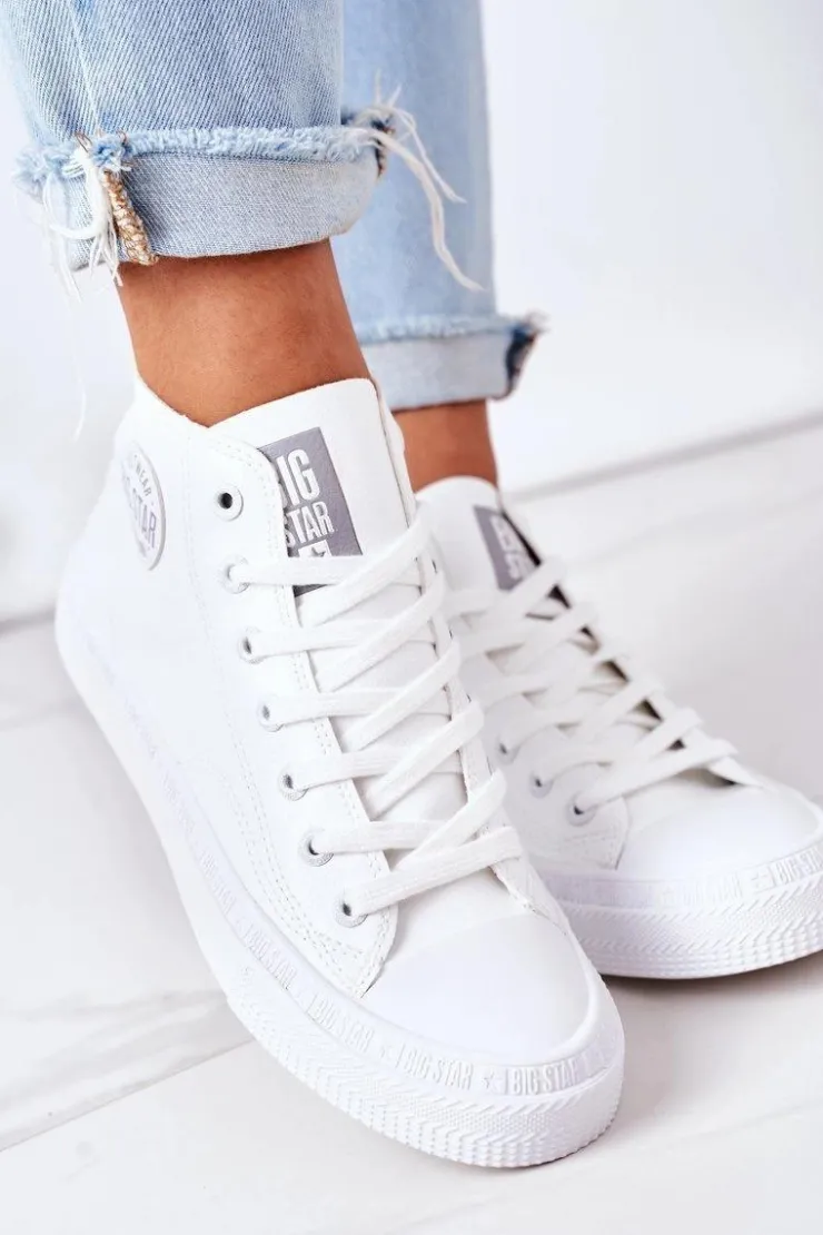 Discount Big Star Shoes Damskie Skórzane Wysokie Trampki Big Star GG274016 Białe Biały