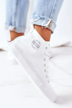 Discount Big Star Shoes Damskie Skórzane Wysokie Trampki Big Star GG274016 Białe Biały