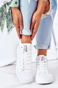 Discount Big Star Shoes Damskie Skórzane Wysokie Trampki Big Star GG274016 Białe Biały