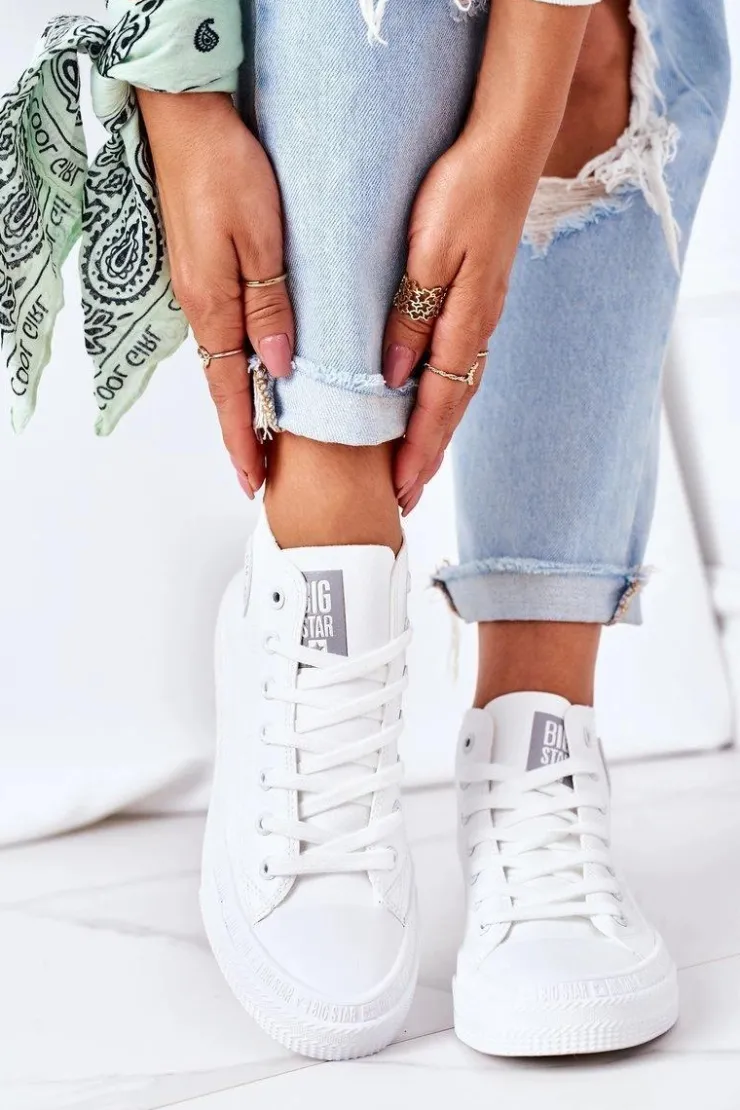 Discount Big Star Shoes Damskie Skórzane Wysokie Trampki Big Star GG274016 Białe Biały