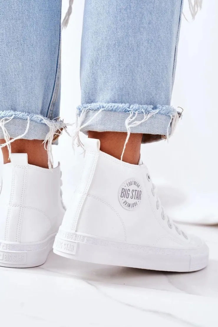 Discount Big Star Shoes Damskie Skórzane Wysokie Trampki Big Star GG274016 Białe Biały