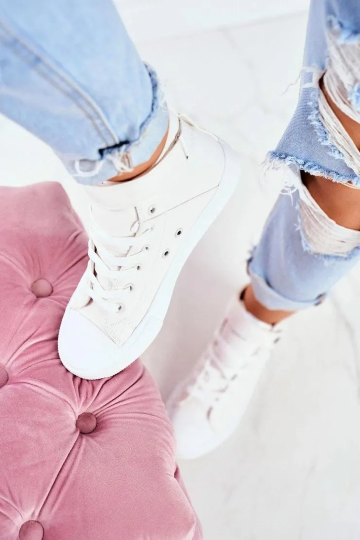 Big Star Shoes Trampki Damskie Big Star|Trampki Damskie Wysokie*Damskie Skórzane Wysokie Trampki BIG STAR V274541 Białe