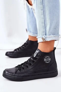 Clearance Big Star Shoes Damskie Skórzane Wysokie Trampki Big Star GG274015 Czarne