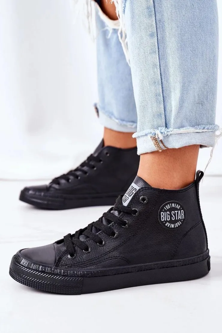 Clearance Big Star Shoes Damskie Skórzane Wysokie Trampki Big Star GG274015 Czarne