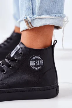 Clearance Big Star Shoes Damskie Skórzane Wysokie Trampki Big Star GG274015 Czarne