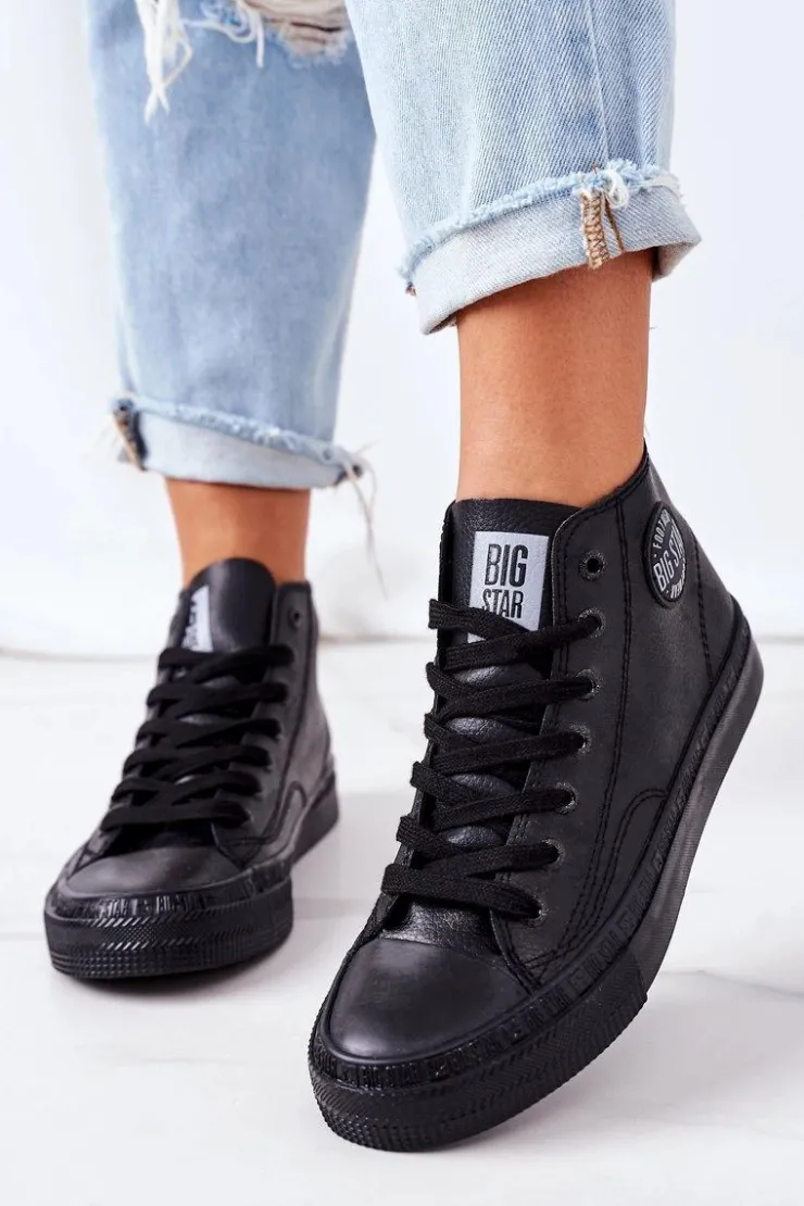 Clearance Big Star Shoes Damskie Skórzane Wysokie Trampki Big Star GG274015 Czarne