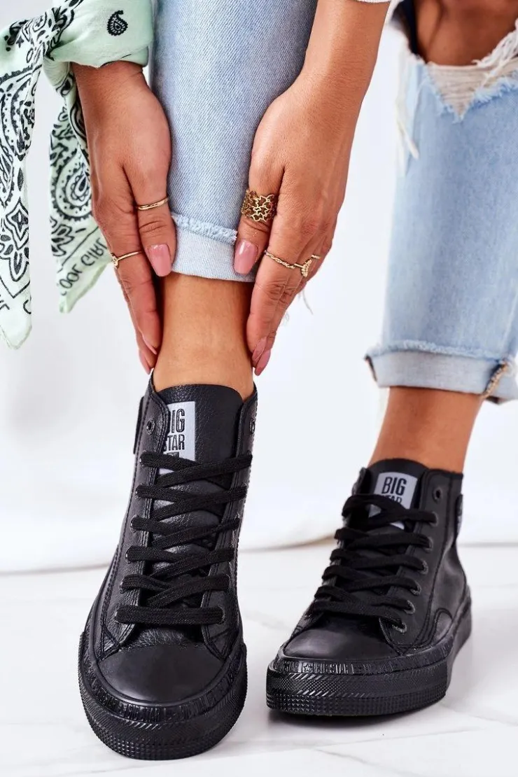 Clearance Big Star Shoes Damskie Skórzane Wysokie Trampki Big Star GG274015 Czarne