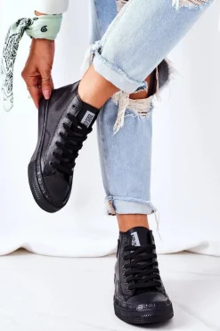 Clearance Big Star Shoes Damskie Skórzane Wysokie Trampki Big Star GG274015 Czarne