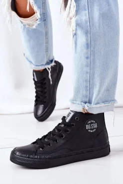 Clearance Big Star Shoes Damskie Skórzane Wysokie Trampki Big Star GG274015 Czarne