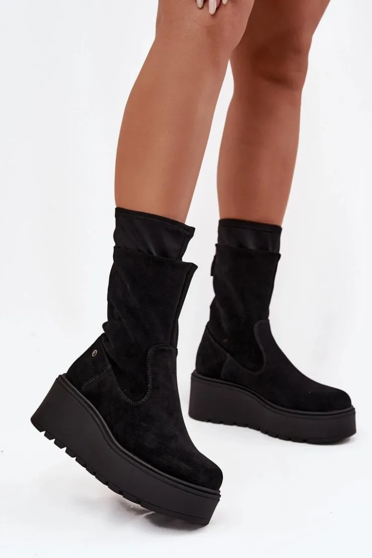 Damskie Maciejka Damskie Skórzane Zamszowe Botki Na Masywnej Platformie A7161-20 Czarne