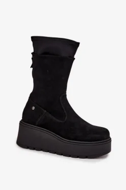 Damskie Maciejka Damskie Skórzane Zamszowe Botki Na Masywnej Platformie A7161-20 Czarne