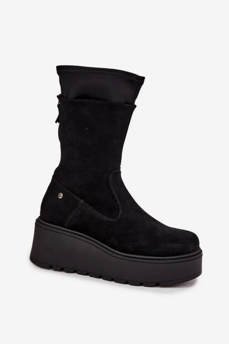 Damskie Maciejka Damskie Skórzane Zamszowe Botki Na Masywnej Platformie A7161-20 Czarne