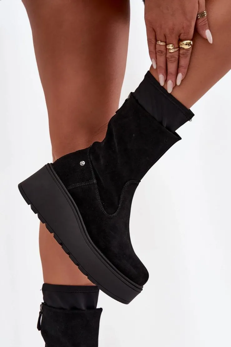 Damskie Maciejka Damskie Skórzane Zamszowe Botki Na Masywnej Platformie A7161-20 Czarne