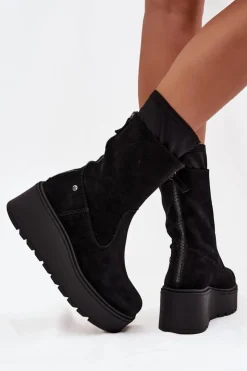 Damskie Maciejka Damskie Skórzane Zamszowe Botki Na Masywnej Platformie A7161-20 Czarne