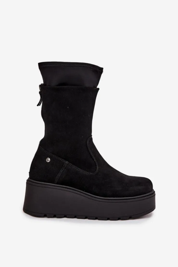 Damskie Maciejka Damskie Skórzane Zamszowe Botki Na Masywnej Platformie A7161-20 Czarne