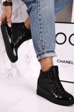 Damskie Boto Damskie Sneakersy Botki Na Koturnie Czarne Carol