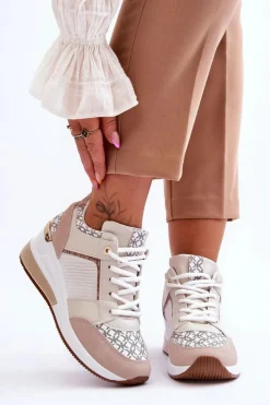 Boto Sneakersy Damskie*Damskie Sneakersy Buty Sportowe Na Koturnie Biało-Beżowe Nomera