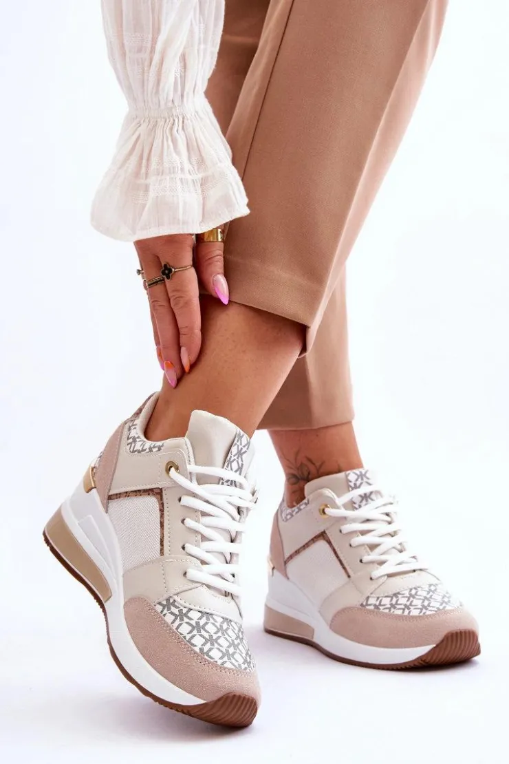Boto Sneakersy Damskie*Damskie Sneakersy Buty Sportowe Na Koturnie Biało-Beżowe Nomera