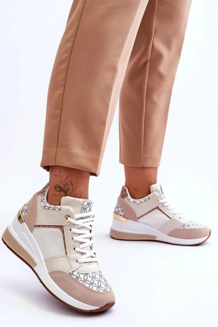 Boto Sneakersy Damskie*Damskie Sneakersy Buty Sportowe Na Koturnie Biało-Beżowe Nomera