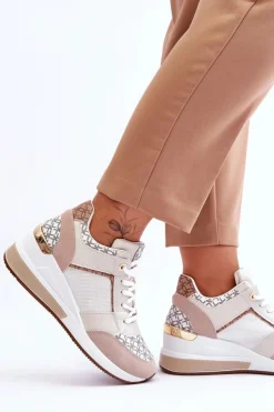 Boto Sneakersy Damskie*Damskie Sneakersy Buty Sportowe Na Koturnie Biało-Beżowe Nomera