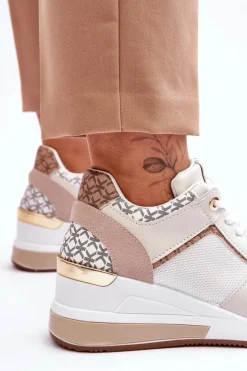 Boto Sneakersy Damskie*Damskie Sneakersy Buty Sportowe Na Koturnie Biało-Beżowe Nomera