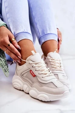 Sale Boto Damskie Sneakersy Buty Sportowe Z Siateczką Beżowe Sallis