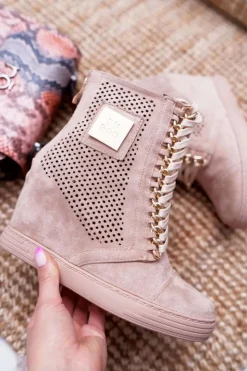 Best Boto Damskie Sneakersy Lu Boo Ażurowe Zamszowe Beżowe Clamma