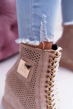 Best Boto Damskie Sneakersy Lu Boo Ażurowe Zamszowe Beżowe Clamma