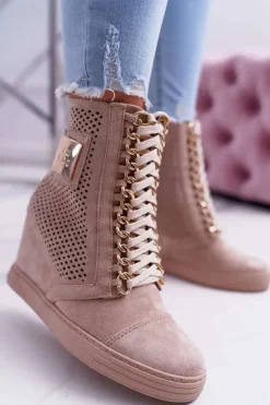 Best Boto Damskie Sneakersy Lu Boo Ażurowe Zamszowe Beżowe Clamma