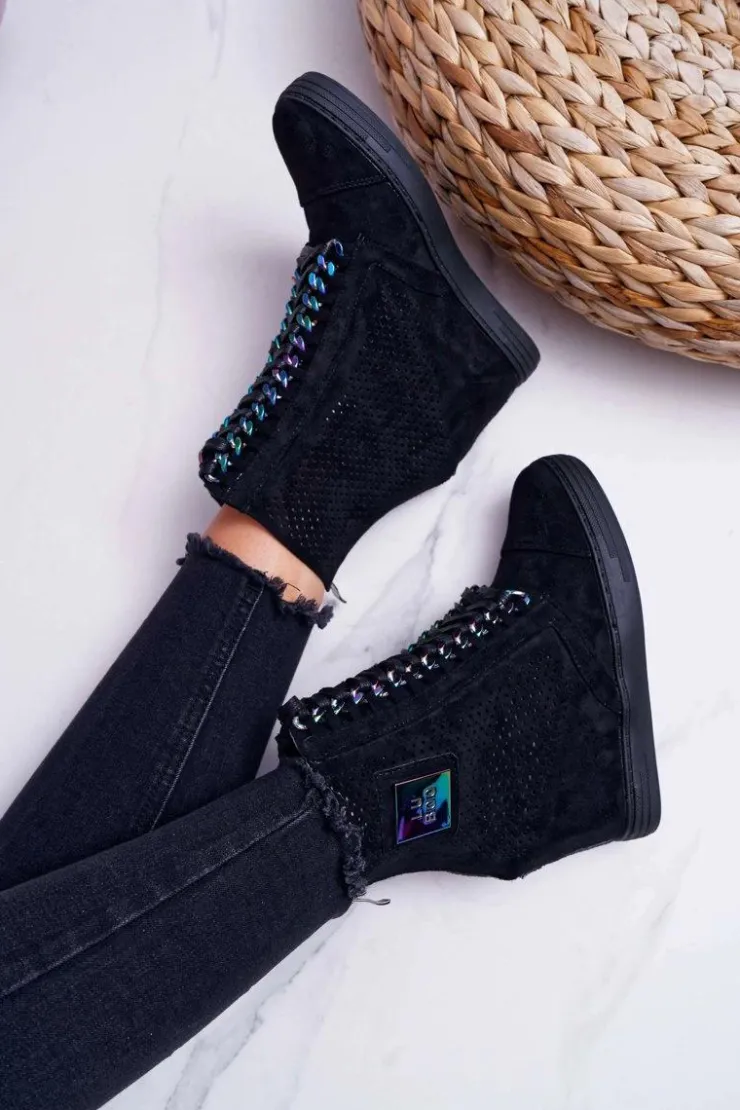 Outlet Boto Damskie Sneakersy Lu Boo Ażurowe Zamszowe Czarne Clamma