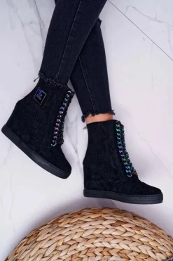 Outlet Boto Damskie Sneakersy Lu Boo Ażurowe Zamszowe Czarne Clamma