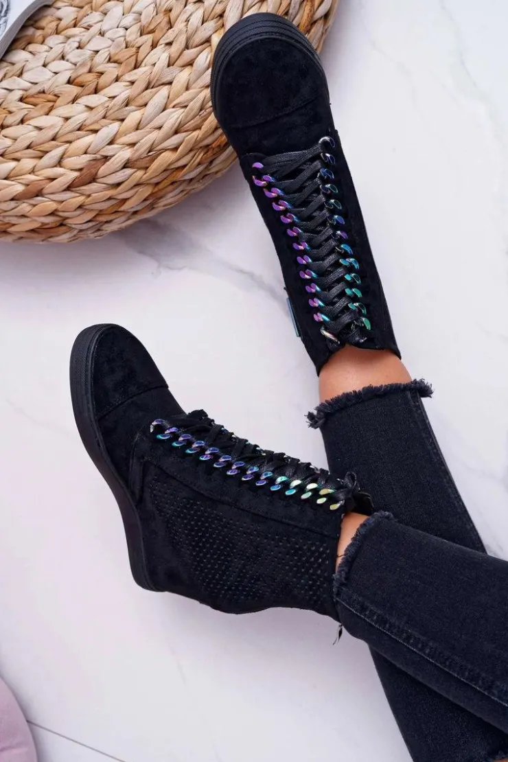 Outlet Boto Damskie Sneakersy Lu Boo Ażurowe Zamszowe Czarne Clamma