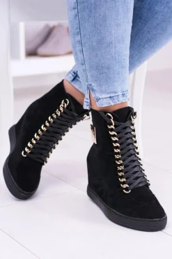 Sale Boto Damskie Sneakersy Lu Boo Z Łańcuchami Zamszowe Czarne Monica