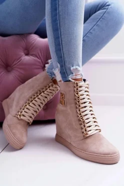 Damskie Boto Damskie Sneakersy Lu Boo Złoty Łańcuch Zamsz Beżowe Monica