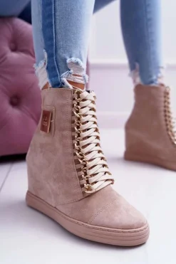 Damskie Boto Damskie Sneakersy Lu Boo Złoty Łańcuch Zamsz Beżowe Monica